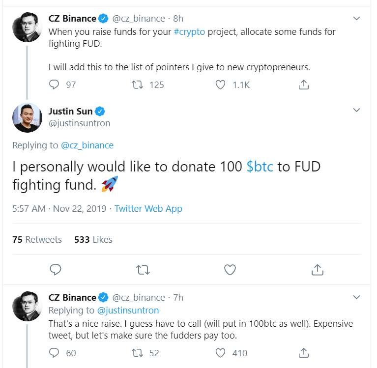CZ Justin Sun donations against FUD